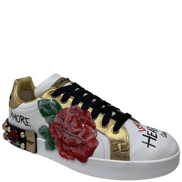 Dolce \u0026 Gabbana | Shoes | Dolce Gabbana Portofino Rose Patch White Leather  Sneakers Size Us 85 | Poshmark